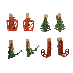 Houten kerstknijpertjes Set Groen/Rood (8 stuks)